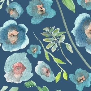 Clusters Of Tossed Flowers And Leaves In Blue Teal And Green On Dark Blue Large Scale
