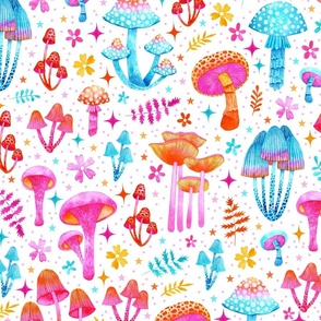 Groovy Pink, Blue and Orange Watercolor Mushrooms on White