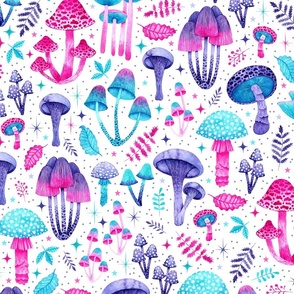 Enchanted Pink, Purple and Blue Watercolor Mushrooms on White