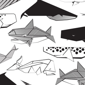 Large jumbo scale // Origami Sea // white background black and white paper whales