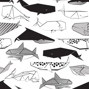 Normal scale // Origami Sea // white background black and white paper whales