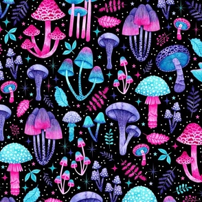 Enchanted Pink, Purple and Blue Watercolor Mushrooms on Black