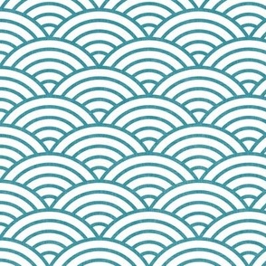 Japanese Rainbow Arches- Seigaiha- Petal Solids Coordinate Lagoon on White - Linen Texture- Teal Rainbows- Scallops- Arches- Sea Waves- Small Wallpaper- Bright Tropical Summer Ocean- Winter Hills