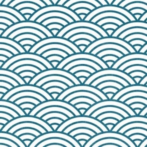 Japanese Rainbow Arches- Seigaiha- Petal Solids Coordinate Peacock on White - Linen Texture- Teal Rainbows- Scallops- Arches- Sea Waves- Small Wallpaper- Bright Tropical Summer Ocean- Winter Hills