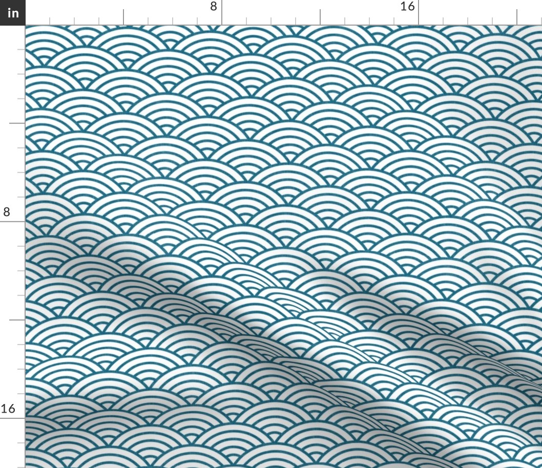 Japanese Rainbow Arches- Seigaiha- Petal Solids Coordinate Peacock on White - Linen Texture- Teal Rainbows- Scallops- Arches- Sea Waves- Small Wallpaper- Bright Tropical Summer Ocean- Winter Hills