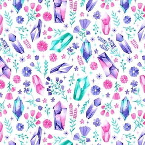 Watercolor Pink and Purple Crystals and Flowers on White