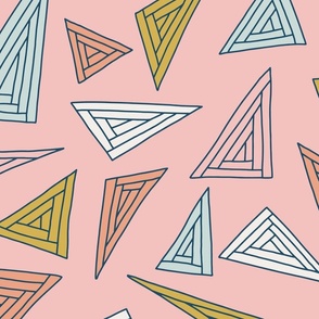 Colorful triangles with blue outlines on pink 24