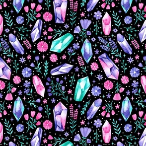 Watercolor Pink and Purple Crystals and Flowers on Black