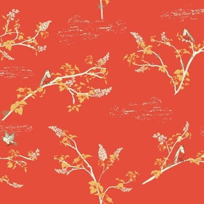 Robin Song Birds  on Lilac Trees in Red Yellow