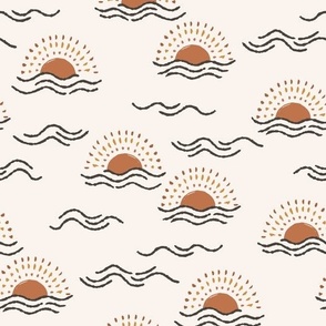 boho sun and ocean waves in brown and terracotta