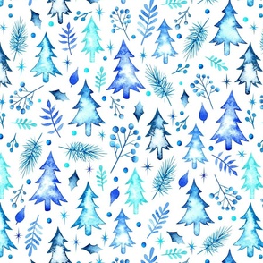 Blue Christmas Trees and Foliage in Watercolor - Winter Snow Collection