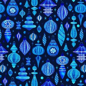 Blue Watercolor Christmas Ornaments on Deep Blue - Winter Snow Collection