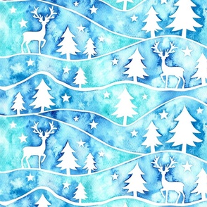 Blue Watercolor Winterscape With Deer and Christmas Trees - Winter Snow Collection