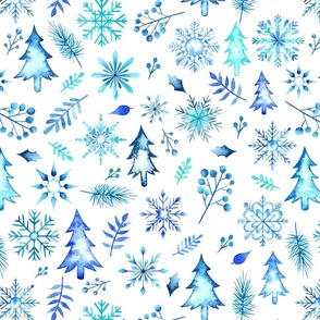 Blue Watercolor Christmas Trees and Snowflakes - Winter Snow Collection