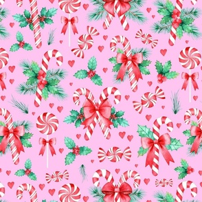 Peppermint Candy Canes and Bows in Watercolor on Pink- Magic of Christmas Collection