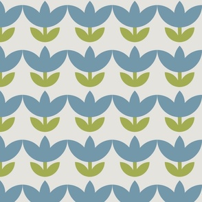 Retro modern vintage big geometric flowers indigo blue moss green leaves