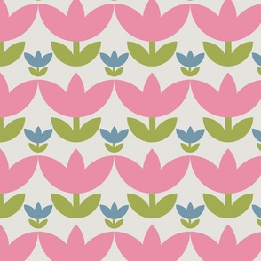 Retro modern vintage geometric flowers big pink small indigo blue moss green leaves