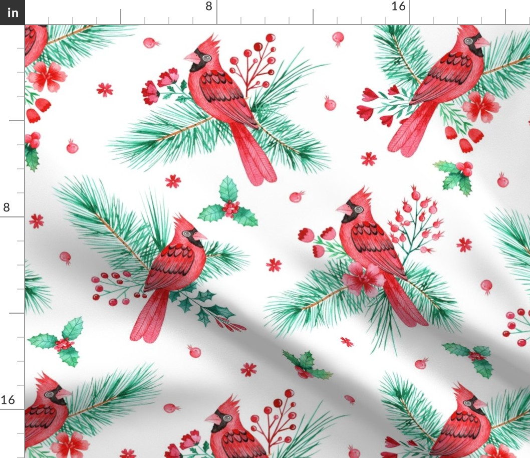 Red Cardinal Birds in Watercolor on White - Magic of Christmas Collection