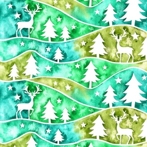 Green Watercolor Winterscape With Deer and Christmas Trees - Magic of Christmas Collection