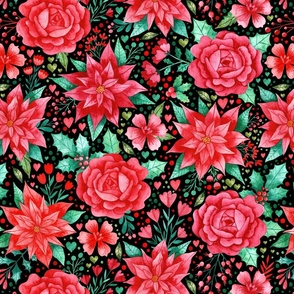 Christmas Florals with Poinsettias and Roses in Watercolor on Black - Magic of Christmas Collection