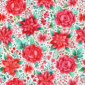 Christmas Florals with Poinsettias and Roses in Watercolor on White - Magic of Christmas Collection