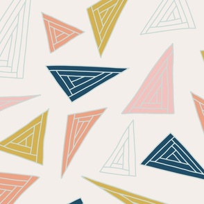Colorful triangles with light blue outlines tossed on a spring wood white  24