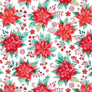 Poinsettias Red Christmas Florals in Watercolor on White - Magic of Christmas Collection