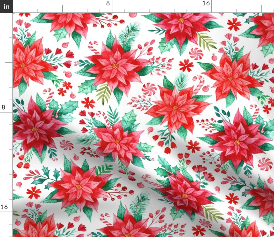 Poinsettias Red Christmas Florals in Watercolor on White - Magic of Christmas Collection