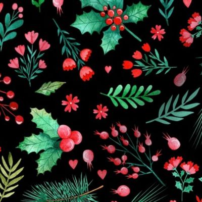 Christmas Holly and Pine Needles in Watercolor on Black - Magic of Christmas Collection
