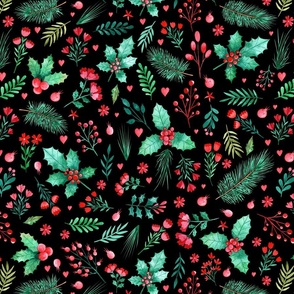 Christmas Holly and Pine Needles in Watercolor on Black - Magic of Christmas Collection