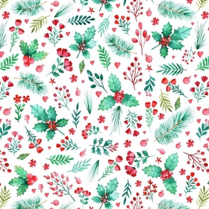 Christmas Holly and Pine Needles in Watercolor on White - Magic of Christmas Collection