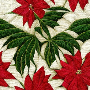 Quilted Stitching  Poinsettia Pattern - Realistic Stitch - Red - Cream - Green