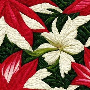 Quilted Stitching  Red Flower  and White  Hibiscus Flower Pattern - Realistic Stitch - Red - Cream - Green