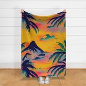 Hawaiian Volcano and Palm Trees in Pastel Abstract