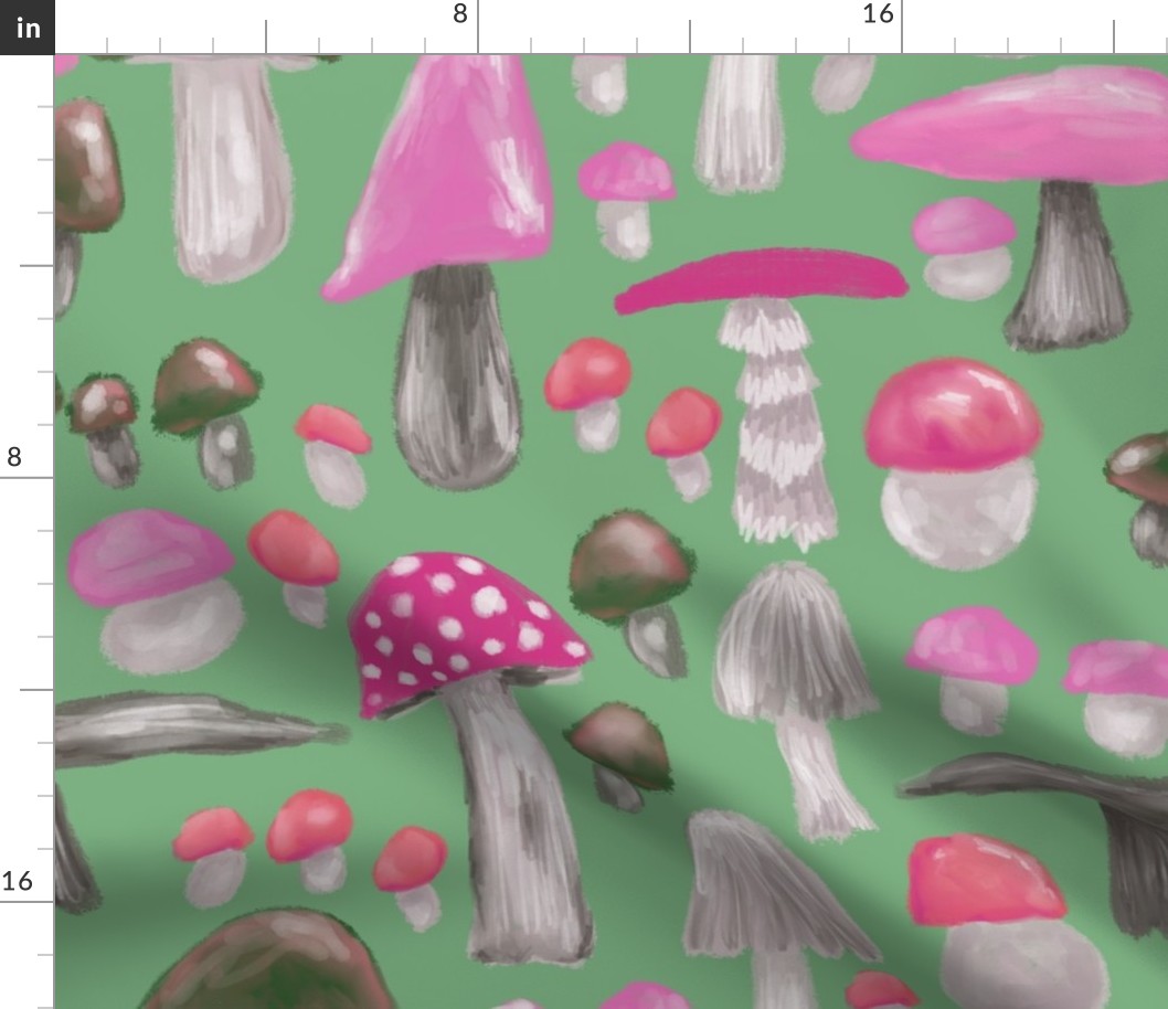 Mushroom loving life in pinks on green