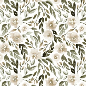 12" Floral in pale beige and earthy green