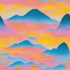 Hawaiian Mountains and Volcano Landscape in Bright Pastel Colors in Batik Watercolor