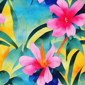 Pink Hibiscus Flowers in Bright Pastels in Batik Watercolor by kedoki - large 18" x 18" fabric and wallpaper is 24" x 24" large