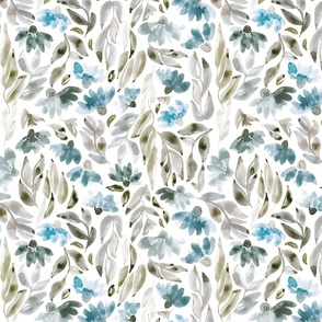 12" Watercolor floral in blue, gray and taupe brown