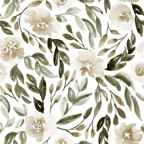18" Floral in pale beige and earthy green