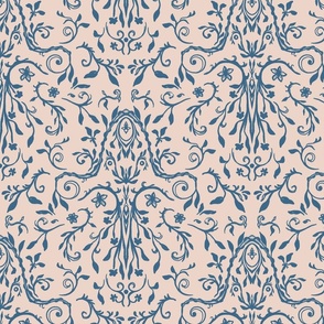 Indigo Blue Detailed Victorian Damask on Cream