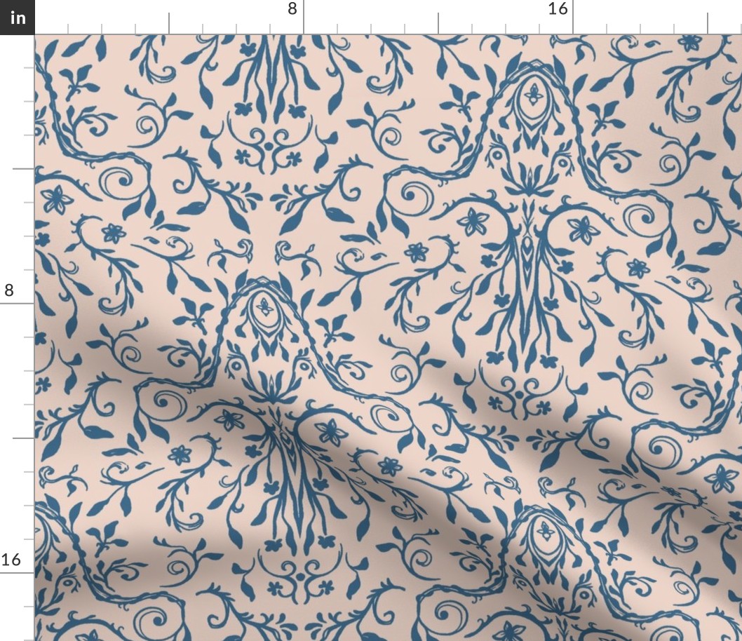 Indigo Blue Detailed Victorian Damask on Cream