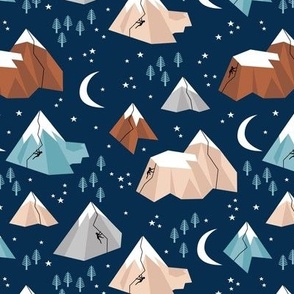 Geometric blue caramel mountains rock climbing and bouldering new moon night Canada winter blue terra cotta on navy boys