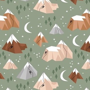 Geometric blue caramel mountains rock climbing and bouldering new moon night Canada winter sage green terra cotta beige boys