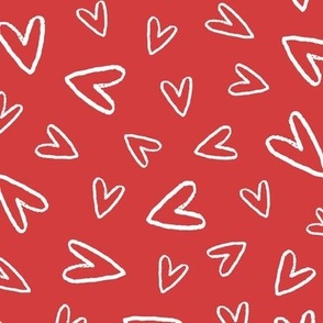 White hand drawn Valentine hearts on red 9x9