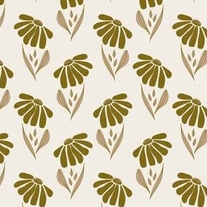 (S) Polka dot - dark olive green big flowers with texture, desert sand brown leaves with outline on beige