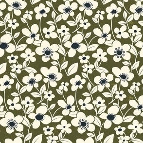 Retro Flower Field - Dark Olive