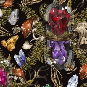 Magic Wicca Gemstones, Amanita Mushrooms, Fern and Skul on Black