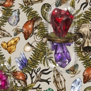 Woodland Mystic Gemstones, Amanita Mushrooms, Skull, Fern