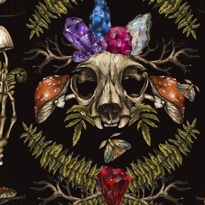 Wicca Animals Skull, Amanita Mushrooms, Fern on Black